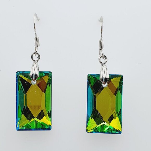 Emerald Glow Rectangle Crystal Drop Earrings, AZFA1188 - Picture 1 of 12